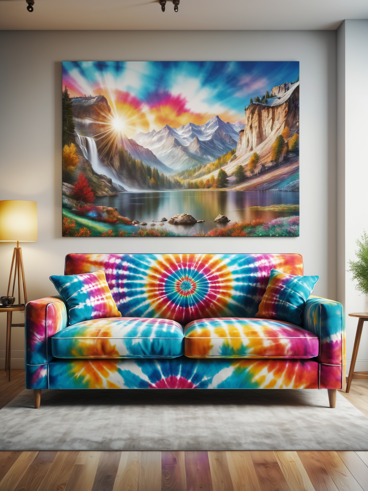 mad-tiedye sofa in living room, photo of a landscape on the wall,  <lora:Colorful_Tie-Dye_SDXL:0.5>, (masterpiece:1.2), best quality, (hyperdetailed, highest detailed:1.2), high resolution textures