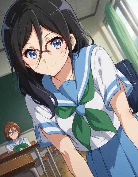score_9, score_8_up, score_7_up, source_anime,
asukatanaka, <lora:asuka-tanaka-s2-ponyxl-lora-nochekaiser:1>,
asuka tanaka, long hair, black hair, blue eyes, glasses, semi-rimless eyewear, red-framed eyewear, over-rim eyewear, hair between eyes,
skirt, shirt, school uniform, white shirt, short sleeves, pleated skirt, serafuku, sailor collar, blue skirt, neckerchief, blue sailor collar, school bag, green neckerchief, kitauji high school uniform,
indoors, classroom, bent over, smile,
looking at viewer, cowboy shot, dutch angle,