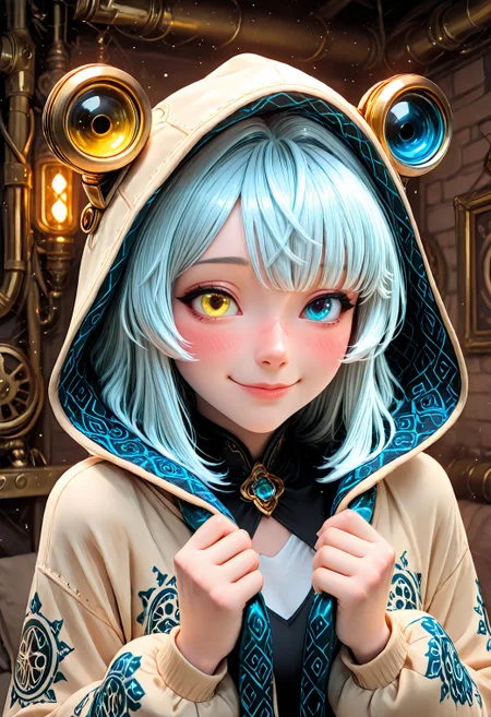 SmoothNoob_Quality, 1girl, a close-up of a girl adorned with intricate black and blue patterns. The clothes are adornded with symbols and doodles, featuring and mechanical elements. Her left eye glows yellow, contrasting sharply with the surrounding patterns. The face is partially covered by a hooded garment. (heterochromia:1.5), yellow eye, blue eye. light smile. blush, holding hoodie. steampunk <lora:Smooth_Booster:0.5>  <lora:IncaseStyle_NoobAI:0.3> <lora:All_Disney_Princess_-_Illustrious:0.2> <lora:Smooth_SteamPunk:0.8>