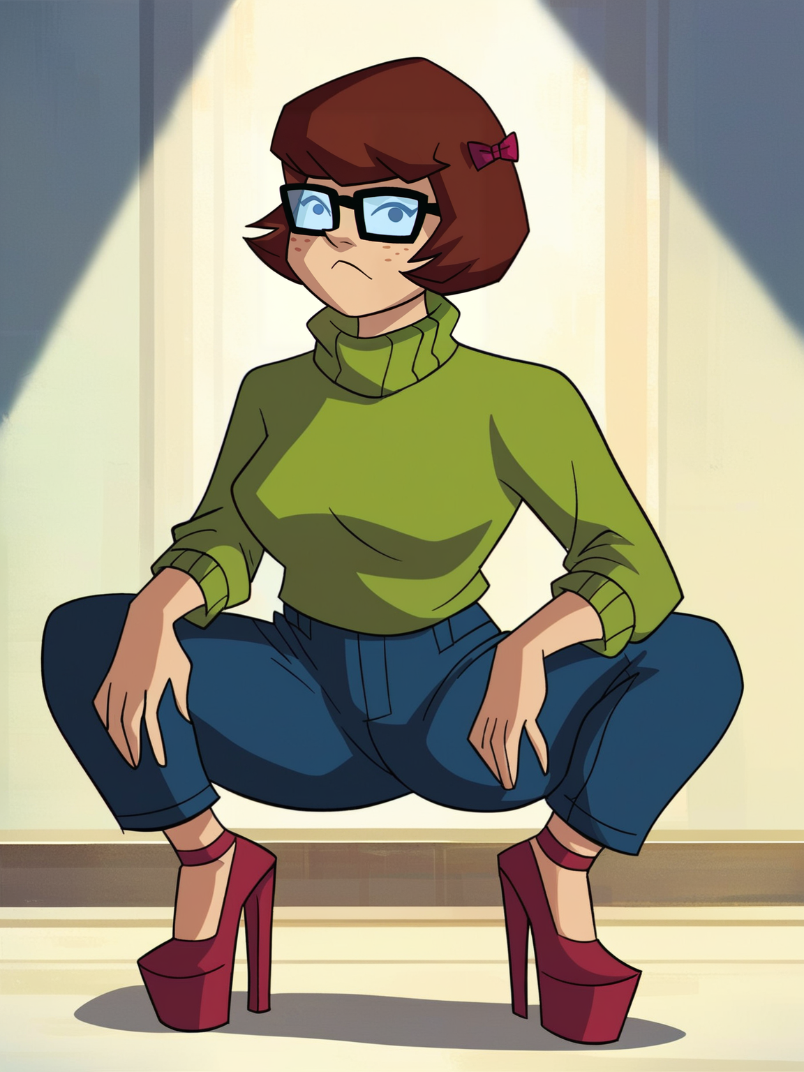 <lora:Velma:0.7> ve_ma, 1girl, bob hair, auburn hair, small red bows on hair, black eyes, thick-framed square glasses, freckles,
looking at viewer, squatting, front view, spreading legs, platform high heels, score_9, score_8_up, score_7_up,