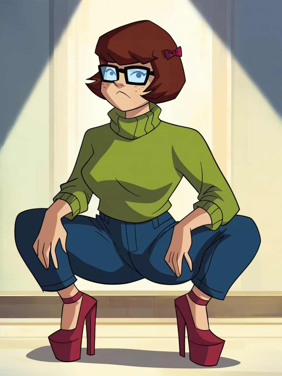 <lora:Velma:0.7> ve_ma, 1girl, bob hair, auburn hair, small red bows on hair, black eyes, thick-framed square glasses, freckles,
looking at viewer, squatting, front view, spreading legs, platform high heels, score_9, score_8_up, score_7_up,