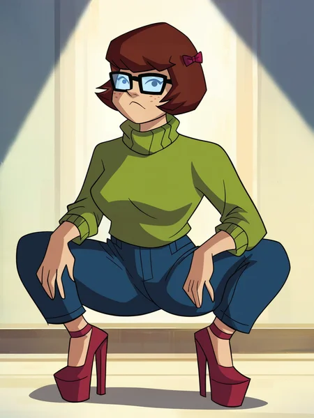 <lora:Velma:0.7> ve_ma, 1girl, bob hair, auburn hair, small red bows on hair, black eyes, thick-framed square glasses, freckles,
looking at viewer, squatting, front view, spreading legs, platform high heels, score_9, score_8_up, score_7_up,