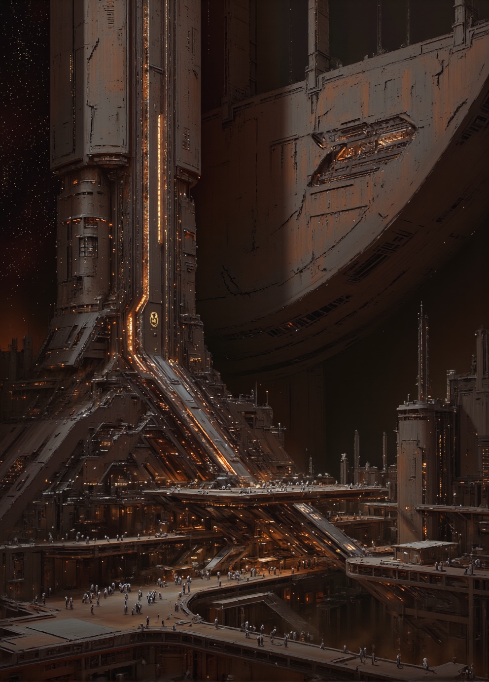 <lora:ck-Sci-Fi-Concepts:1.0>, in the style of ck-sfc, low angle view, A dystopian metropolis sprawls beneath a fractured dome made of reinforced graphene and nanoglass, its surface marred by the scars of past meteor impacts. The city’s heart pulses with the glow of a massive fusion reactor, casting eerie shadows over the densely packed modular structures stacked like honeycomb cells. Bridges connect these precarious living quarters, their railings lined with scavenged solar panels. Markets bustle in the lower sectors, where merchants sell lab-grown food and black-market oxygen filters under makeshift LED lights. The dome’s surface flickers with projected constellations, masking the blood-red Martian sky outside. A vast central tower, shaped like a needle piercing the dome, serves as the headquarters of an authoritarian regime, its crest emblazoned with a glowing insignia visible from every corner. The faint sound of propaganda echoes across the city, mingling with the faint hissing of life-support systems struggling against the dome’s aging infrastructure.
<lora:flux.1_lora_flyway_Epic-detail_v2:1.0>
<lora:Dark_Gray_Photography:0.30>