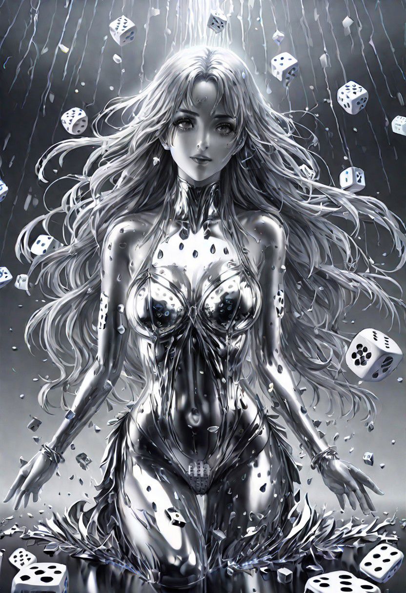 (masterpiece,best quality,ultra-detailed,best illustration:1.3), 1woman,  its raining dice, 1000s of white dice falling from from the clouds, full length metal body, silver liquid metal long hair, casino background,
silver LIQUID METAL