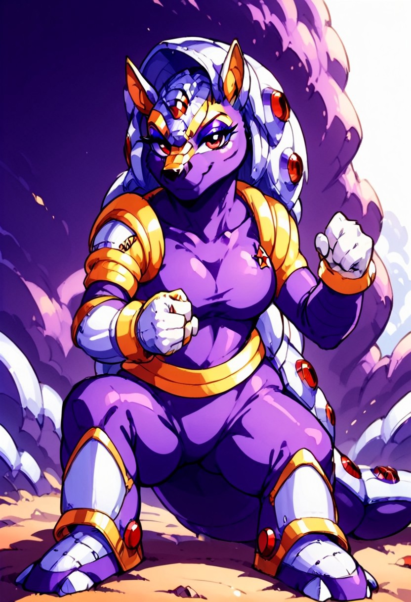 score_9, score_8_up, score_7_up, cowboy shot, armored animal, maverick, robotic, no humans, clenched hand, shell, megaman x, solo, armadillo, megaman, female, genderbending, sexy, looking at viewer, breasts, smug smile, feminine eyelashes, blue skies, 1girl, (dark purple eyeshadow:2), laying down, crouching, purple hair, armadillo form, red eyes, armadillo ears, anthro, Artifyber_style, kind, calm, cute pose, solo