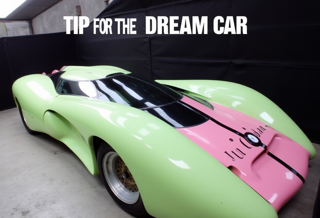 a light green and pink super car designed by Luigi Colani.
the bold text "TIP FOR THE DREAM CAR" on the center top area of the image.