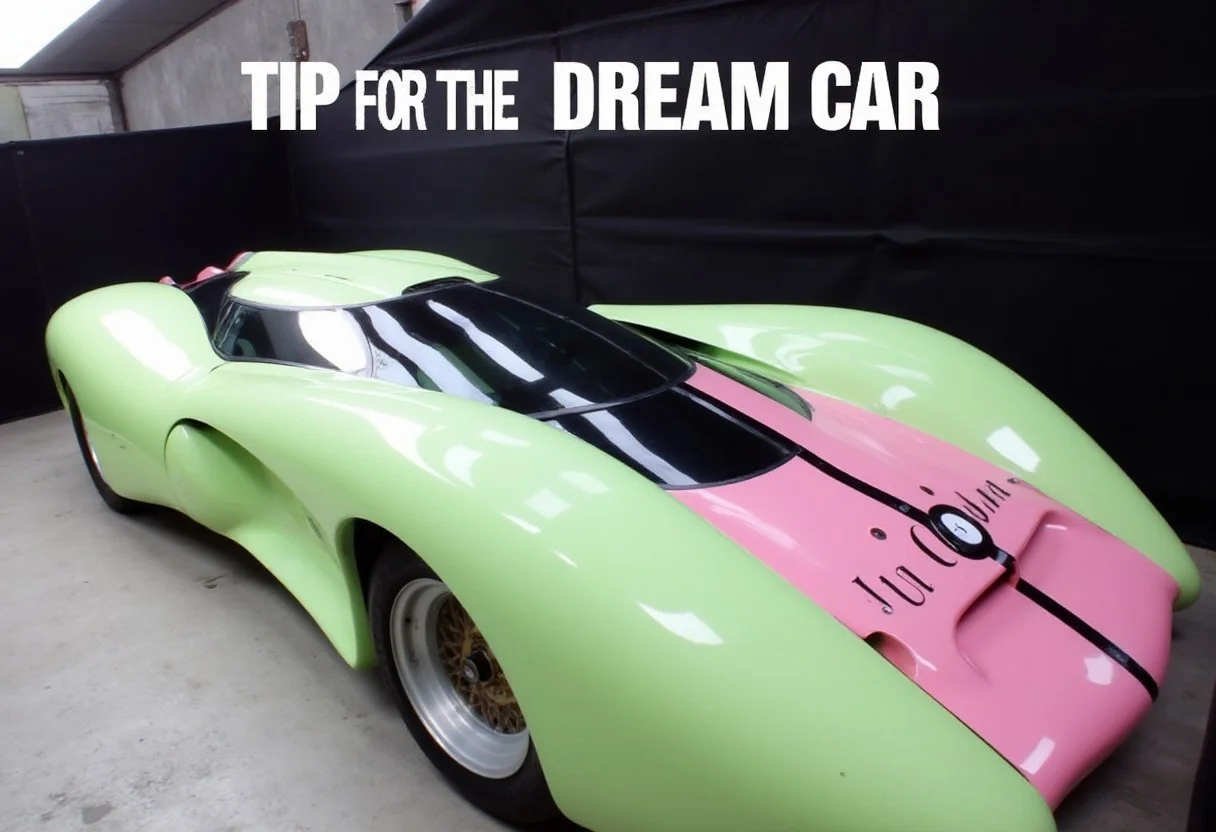 a light green and pink super car designed by Luigi Colani.
the bold text "TIP FOR THE DREAM CAR" on the center top area of the image.