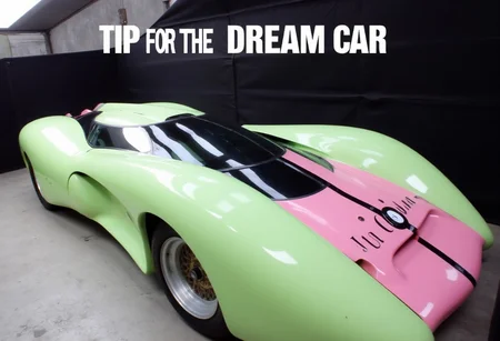 a light green and pink super car designed by Luigi Colani.
the bold text "TIP FOR THE DREAM CAR" on the center top area of the image.