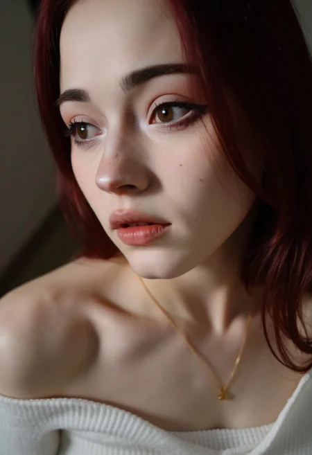 Hyperrealism, extreme close-up Portrait of a young woman KTNK. naked breasts. small breasts. making this image a masterpiece of photography and digital art. Style: realistic hyper-detailed rendering, 32k UHD, expressive eyes, graphic design, girl's face, side view, pretty and cute, gleaming lips, white skin, telling a tale of adventure. Exuding confidence and serenity