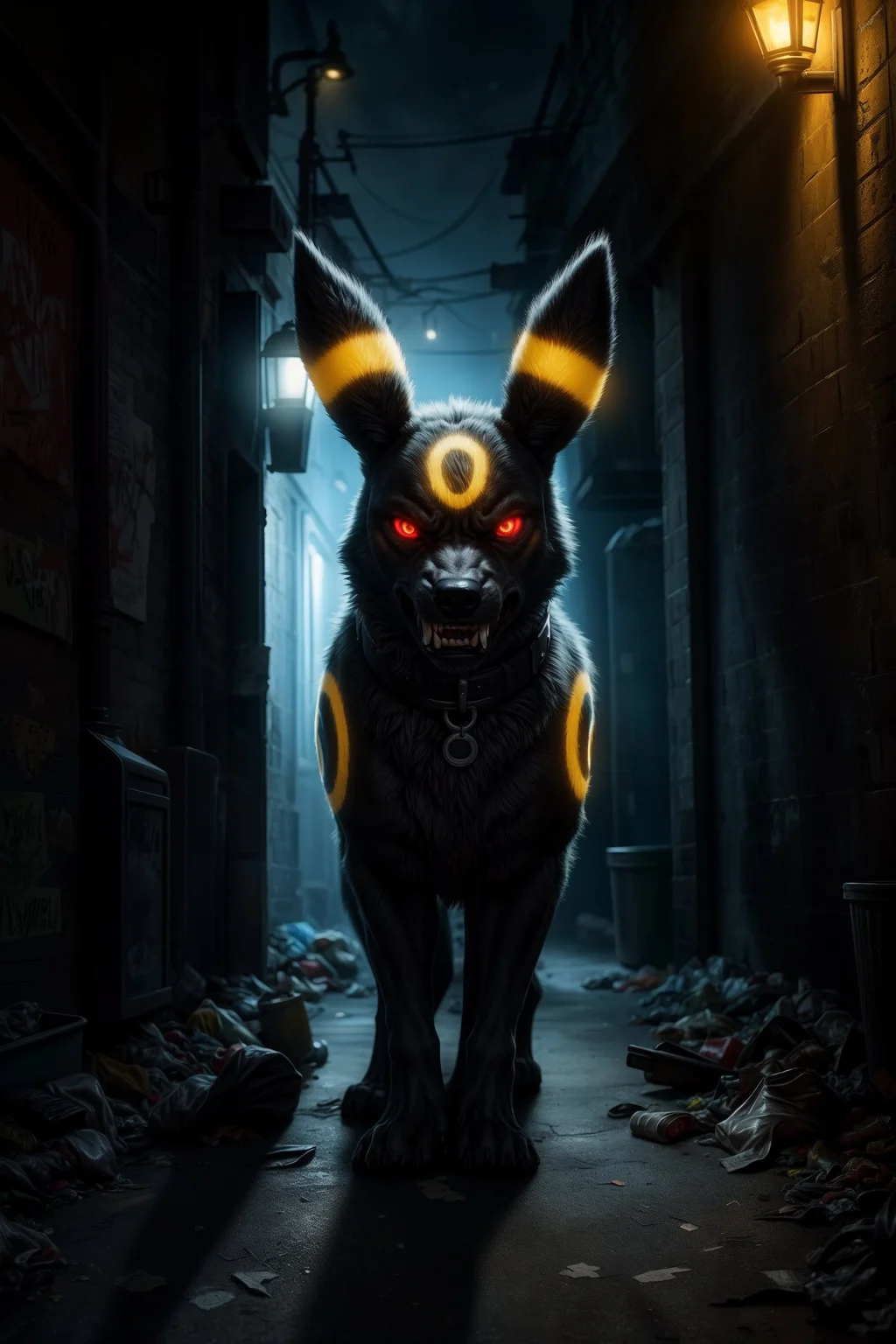 feral umbreon, standing, menacing, growling, angry, detailed fur, realistic fur, intense, glowing eyes, looking at viewer, collar, glowing, dark alley, trash, broken window, backlight, night, detail, (photorealistic:1.3) <lora:Hyper-SD15-12steps-CFG-lora:1.0>