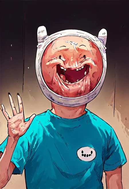 score_9, score_8_up, score_7_up, MEATMAN f1nn4,1boy,finn the human,adventure time,solo, waving at the viewer, smile, face punch,<lora:Adventure_Time_Style_LORA:1> dot eyes, blue shirt, open mouth, absurdly grotesque