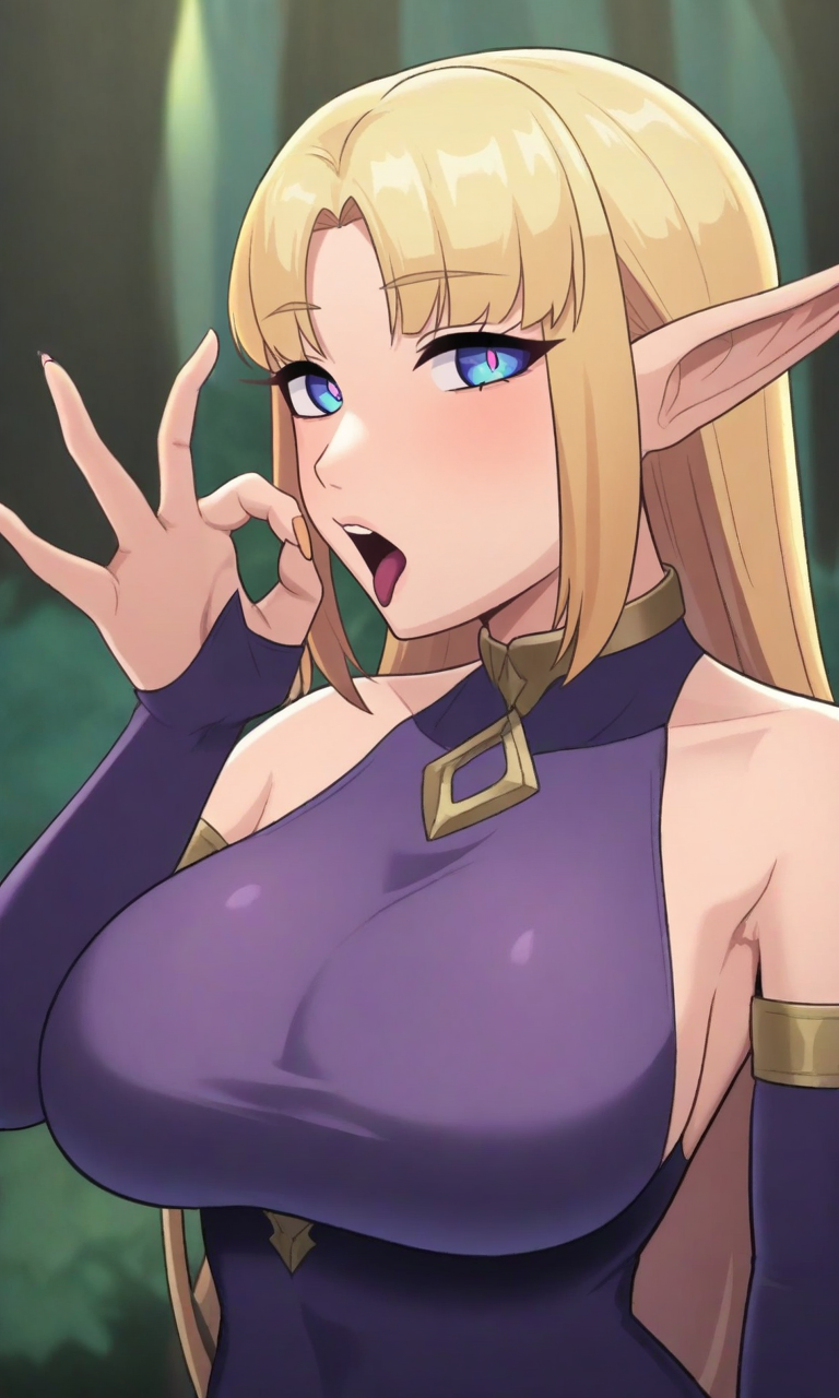 masterpiece, best quality, high resolution, absurdres, 1girl, derpixonstyle, elf, looking_at_viewer, forest, fellatio_gesture, large_breasts, pointy_ears, upper_body, blue_eyes, blonde_hair, parted_bangs