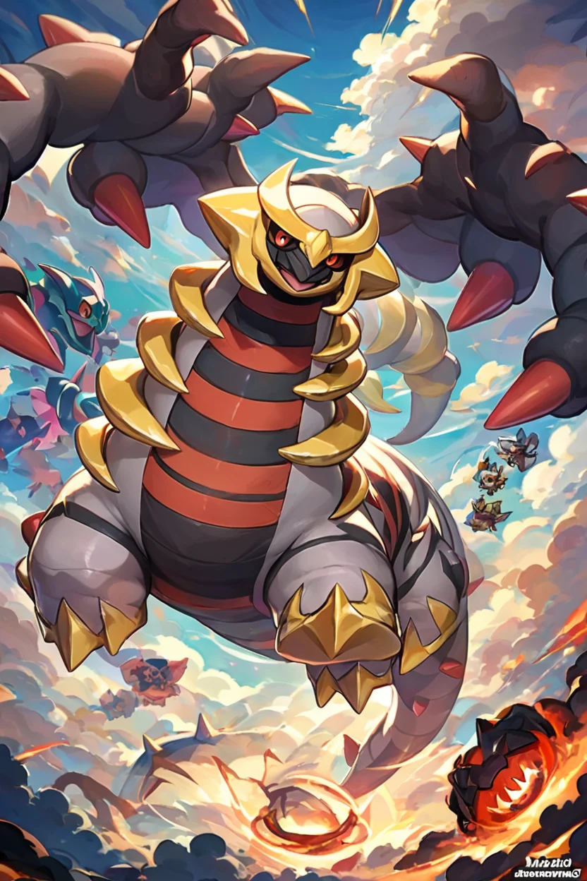 score_9, score_8_up, score_8, zzGiratina, cloud, cloudy sky, colored sclera, dragon, dragon tail, flying, giratina (origin), logo, official art, pokemon tcg, portal (object), red eyes, sky, source request, spikes, tail, ,<lora:Giratina_P3:0.8>, embedding:zPDXL, <lora:Vivid:0.8>,