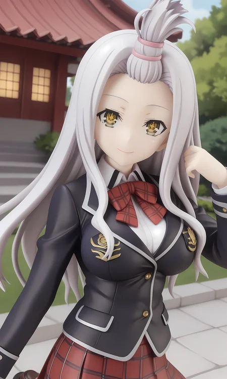 score_9, score_8_up, score_7_up, source_anime, highly detailed figure,looking at viewer, shiny skin, upper body, light smile, petite,ohwx, long_hair, grey_hair, yellow_eyes, white_hair, brown_eyes, bangs_pinned_back, topknot, breasts, very_long_hair, large_breasts, symbol-shaped_pupils,school_uniform, bow, jacket, blazer, bowtie, shirt, plaid, skirt, socks, red_bow, bangs_pinned_back, topknot, plaid_skirt, long_sleeves, red_skirt, red_bowtie, black_socks, pleated_skirt, kneehighs, black_jacket, collared_shirt, shoes, loafers, official_style, white_shirt, plaid_bow, ribbon, miniskirt, Traditional Japanese courtyard garden with stone path, lanterns, and small pond, calm and serene,<lora:yui_kurata_pony_sobsynapse-000001:1>