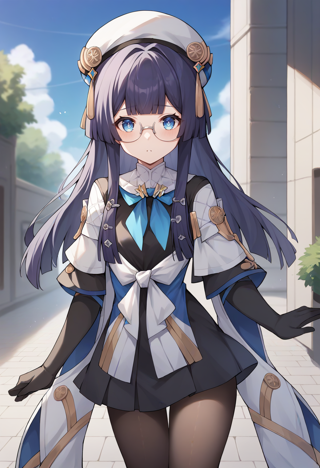 score_9,score_8_up,score_7_up,score_6_up,score_5_up,score_4_up, 
1girl, pela \(honkai: star rail\), beret, long hair, hime cut, dress, elbow gloves, pantyhose, glasses, long sleeves, hair ornament, 
outdoors, cowboy shot, solo, looking at viewer, 
 <lora:pelaponyxl:1>