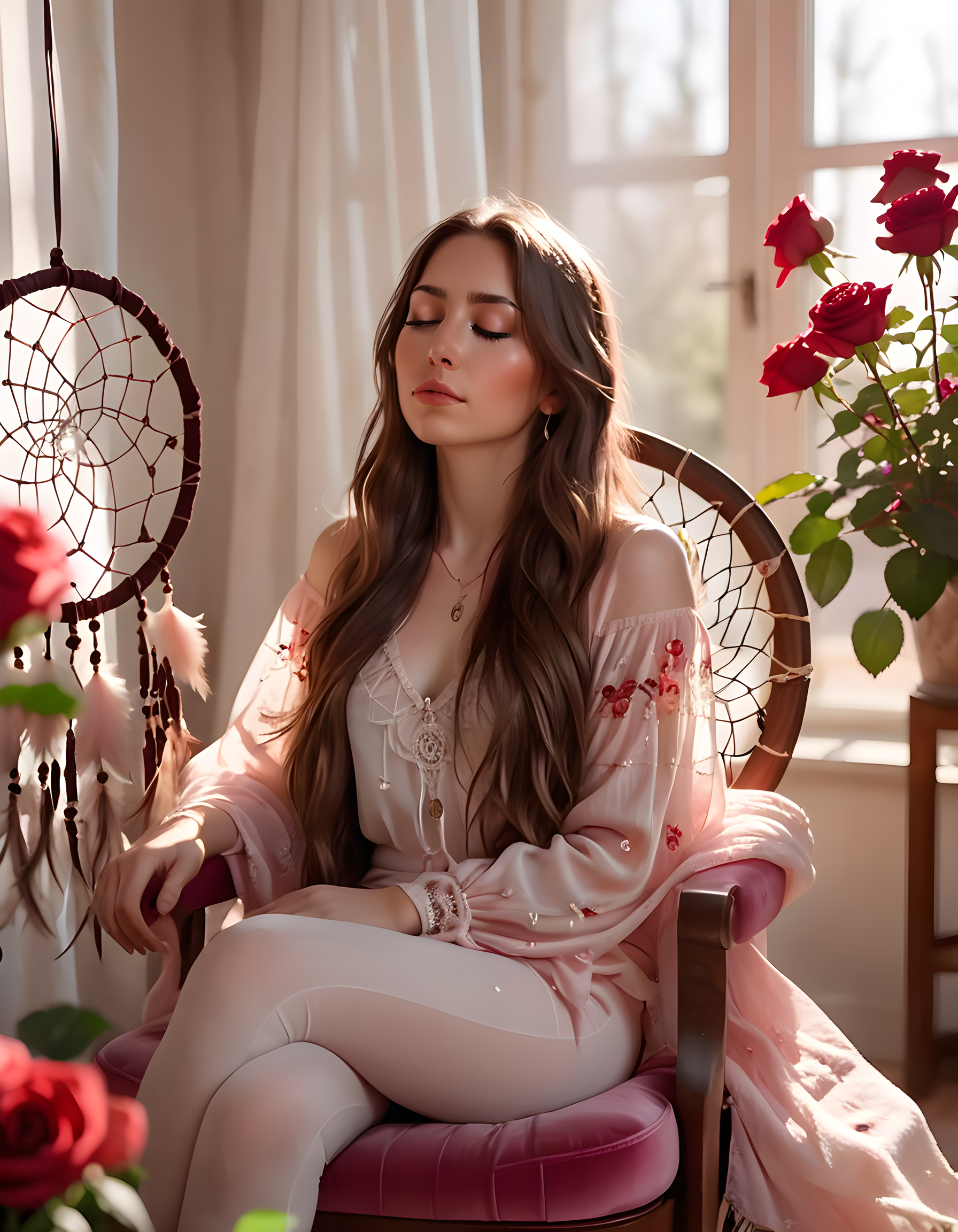 In a vibrant, sunlit room adorned with pastel-colored flowers and dreamcatchers, P0PPYJ, a woman of ethereal beauty with long, cascading brown hair, sits on a plush, pink velvet chair. Her pose is contemplative, her lips pursed in thought, eyes closed as if lost in deep reflection. The camera captures this intimate moment in a close-up shot, focusing on her expressive face, the soft glow of sunlight gently illuminating her features, creating an ethereal and introspective image. Behind her, a window reveals a lush garden filled with blooming roses, their red petals contrasting sharply with the serene calm that envelops P0PPYJ.