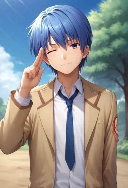 score_9, score_8_up, score_7_up, source_anime, highly detailed,
hideki, 1boy, male focus, school uniform, solo, blue hair, one eye closed, blue eyes,
shinda sekai sensen uniform, Two-finger salute, salute,
outdoor, sky, blue sky, tree