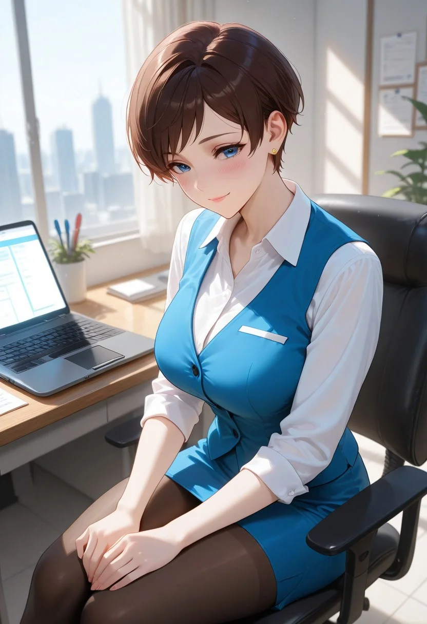((high quality)), ((high resolution)), ((incredibly detailed)), detailed background, masterpiece,  natural lighting, dynamic angle, indoors, office, desk, laptop, office chair, 1woman, mature, white blouse, blue vest, blue mini skirt, pantyhose, working, sitting on chair, perfect face, perfect blue eyes, middle breasts, detailed brown pixie cut, swept bangs, earring, soft smile, blush,