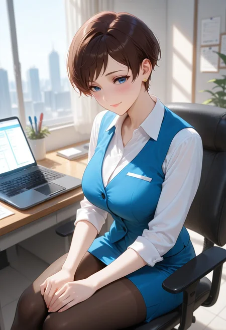 ((high quality)), ((high resolution)), ((incredibly detailed)), detailed background, masterpiece, natural lighting, dynamic angle, indoors, office, desk, laptop, office chair, 1woman, mature, white blouse, blue vest, blue mini skirt, pantyhose, working, sitting on chair, perfect face, perfect blue eyes, middle breasts, detailed brown pixie cut, swept bangs, earring, soft smile, blush,