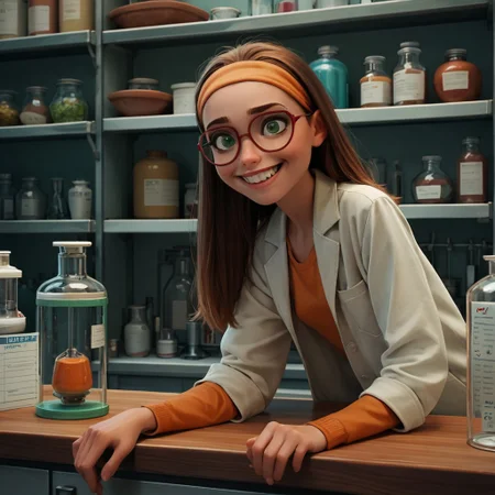 score_9, score_8_up, score_7_up, score_6_up, score_5_up, score_4_up, rating_questionable, 1girl, Hon_Lem, Glasses, smiling, small breasts, leaning over a counter, in a lab, green eyes