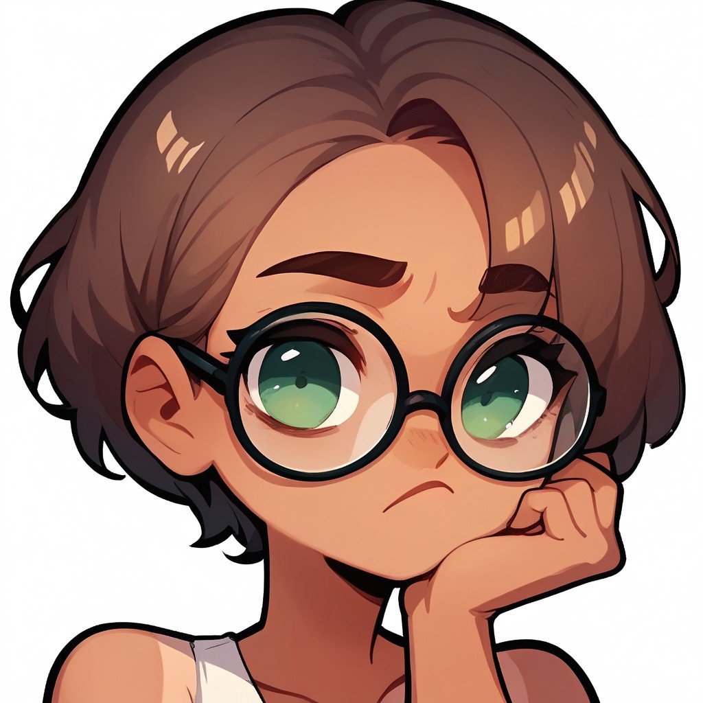 em0te art style, score_9, score_8_up, score_7_up, score_6_up, solo, female, short brown hair, green eyes, glasses, tan skin, white tank top, white background, thinking