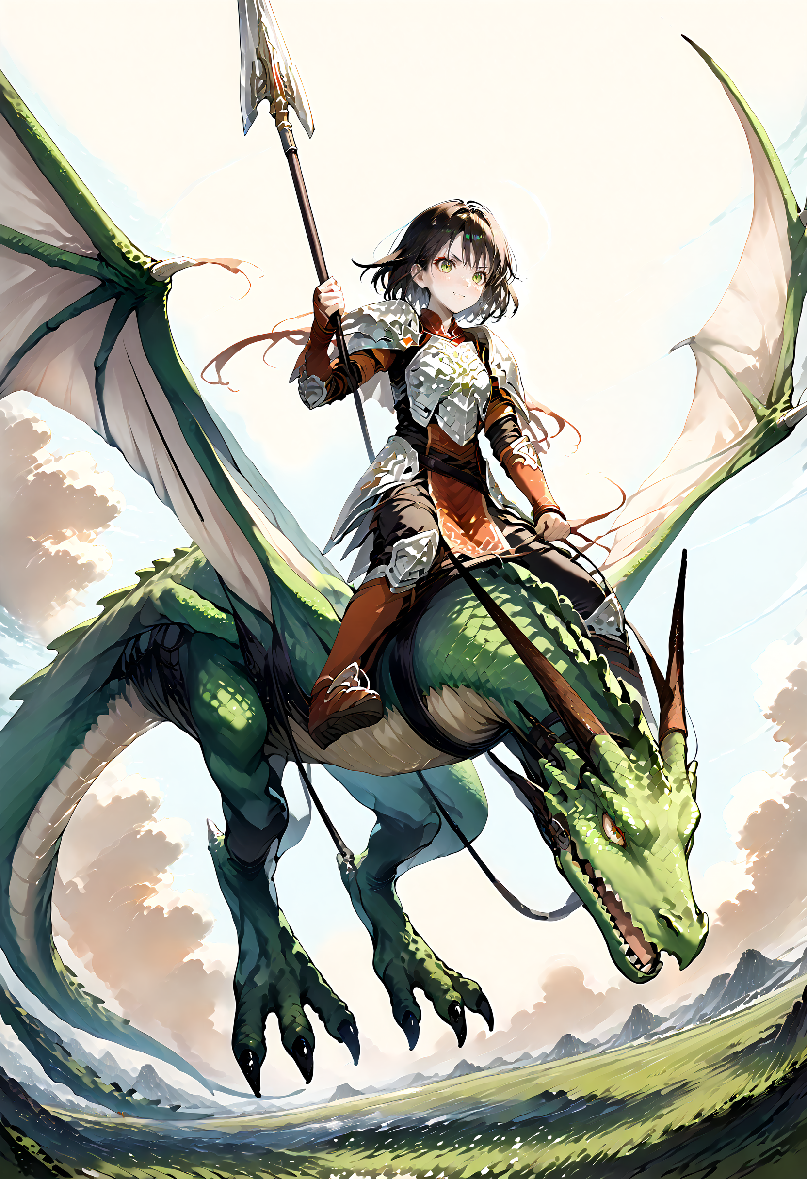 score_9,score_8_up,score_7_up,zPDXL3,unaestheticXL_3x3,field,sky,1girl,1other,<lora:Pony_DetailV2.0:1>,
BREAK wyvern rider,dragon wings,knight,green dragon,dragon riding,polearm,holding polearm,holding weapon,flying,<lora:wyvern rider-pony-v2:1>,fighting stance,v-shaped eyebrows,