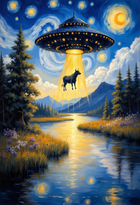 A vibrant, impressionist-style painting of a UFO hovering above a forested landscape at twilight, with swirling, star-filled skies in the style of Van Gogh’s Starry Night. The UFO emits beams of light, lifting a cow into the air. In the foreground, a serene river reflects the golden hues of the sunset. The painting captures the surreal and fantastical elements with bold, swirling brushstrokes.