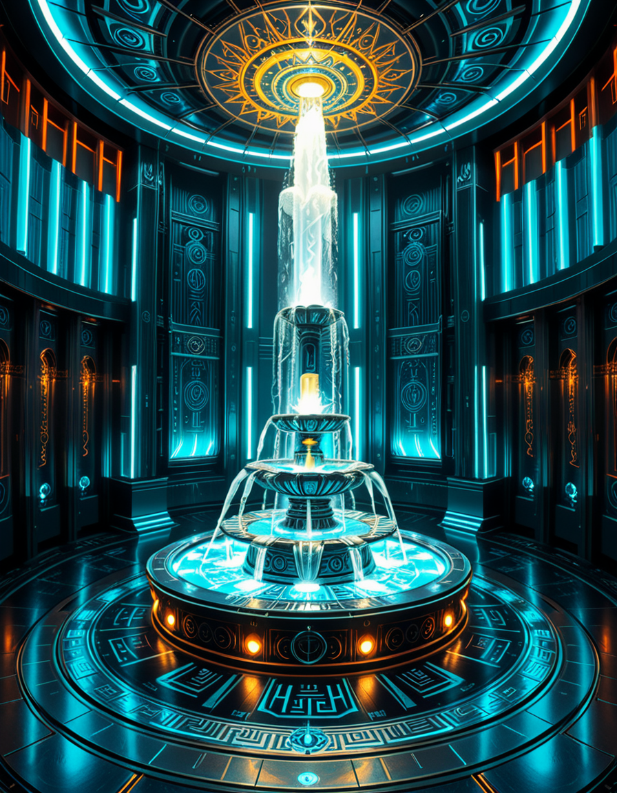 The center of a high-tech, alien temple-laboratory, where dark metallic walls shimmer under the glow of cyan vertical light tubes and faint sacred runes. In the middle of the chamber lies an elaborate biomechanical fountain, rising like an altar from a circular platform of engraved metal. The fountain pulses with iridescent liquid light, flowing in gravity-defying streams that spiral upward before cascading back into a glowing basin etched with ritual patterns. Bioluminescent veins run through the structure, illuminating the surrounding floor like circuitry. Overhead, a radiant, halo-like design casts a celestial glow, enhancing the surreal, sanctified atmosphere. The space exudes a fusion of sacred ceremony and alien technology, as if the fountain were a source of divine power worshipped by another world.
<lora:high-tech_alien_temple_f0unt41n:1>,high-tech alien temple f0unt41n,<lora:SDXLFaeTastic2400:0.4> <lora:extremely_detailed:0.4> extremely detailed, Masterpiece,best quality,hi res,8k,hi res,8k,award winning,(sharp focus, intricate, highly detailed),