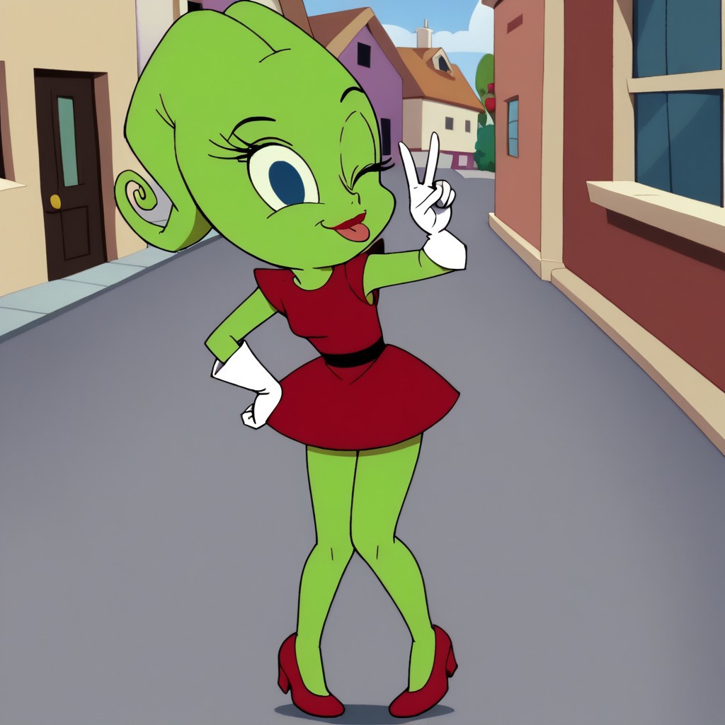 score_9, score_8, score_7, BREAK, peep_tj, green skin, red dress, gloves, v, smile, one eye closed, tongue