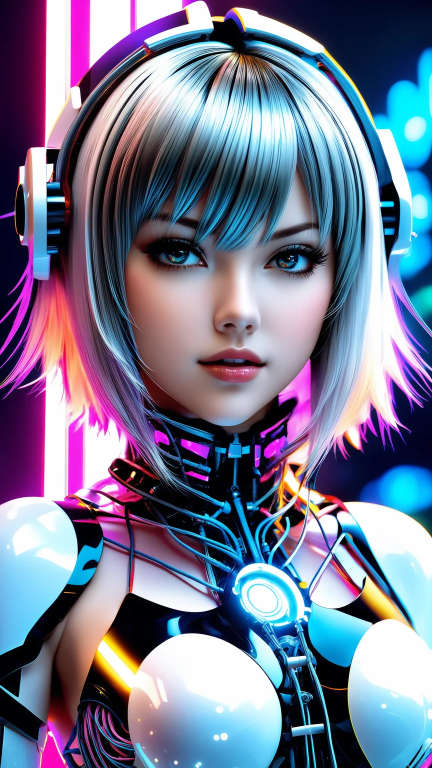 (scandinavian girl:1.2), cute face, long hair, frilly hairstyle,(full),latex dress, torso, body, 8k, ultra-detailed, highres, (best quality, masterpiece:1.2), (deformad neon light:1.3), soft particles of fractal fire,volumetric lighting, focus, colorful, ((extreme details)), glow, impossible figures, paradoxical art,paradox, impossible geometry, hypercube, Beautiful Psychedelic Trippy White Intricate Detailed Elaborate, solo, full body, (machine made joints:1.4), ((machanical limbs)), (explosed muscles), (blood vessels connected to tubes), (a brain in container:1.3), ((mechanical vertebra attaching to back)), ((mechanical cervial attaching to neck)), ((sitting)), expressionless, (wires and cables attaching to head and body:1.5), small breasts, short hair, (character focus), science fiction, misa amane, greyscale, kawaii girl