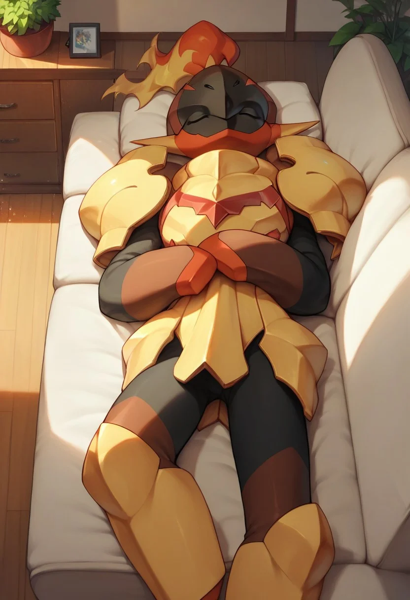 score_9, score_8_up, score_7_up, score_6_up, score_5_up, score_4_up, armarouge, pokemon, armor, solo, laying on couch, sleeping, living room, indoors