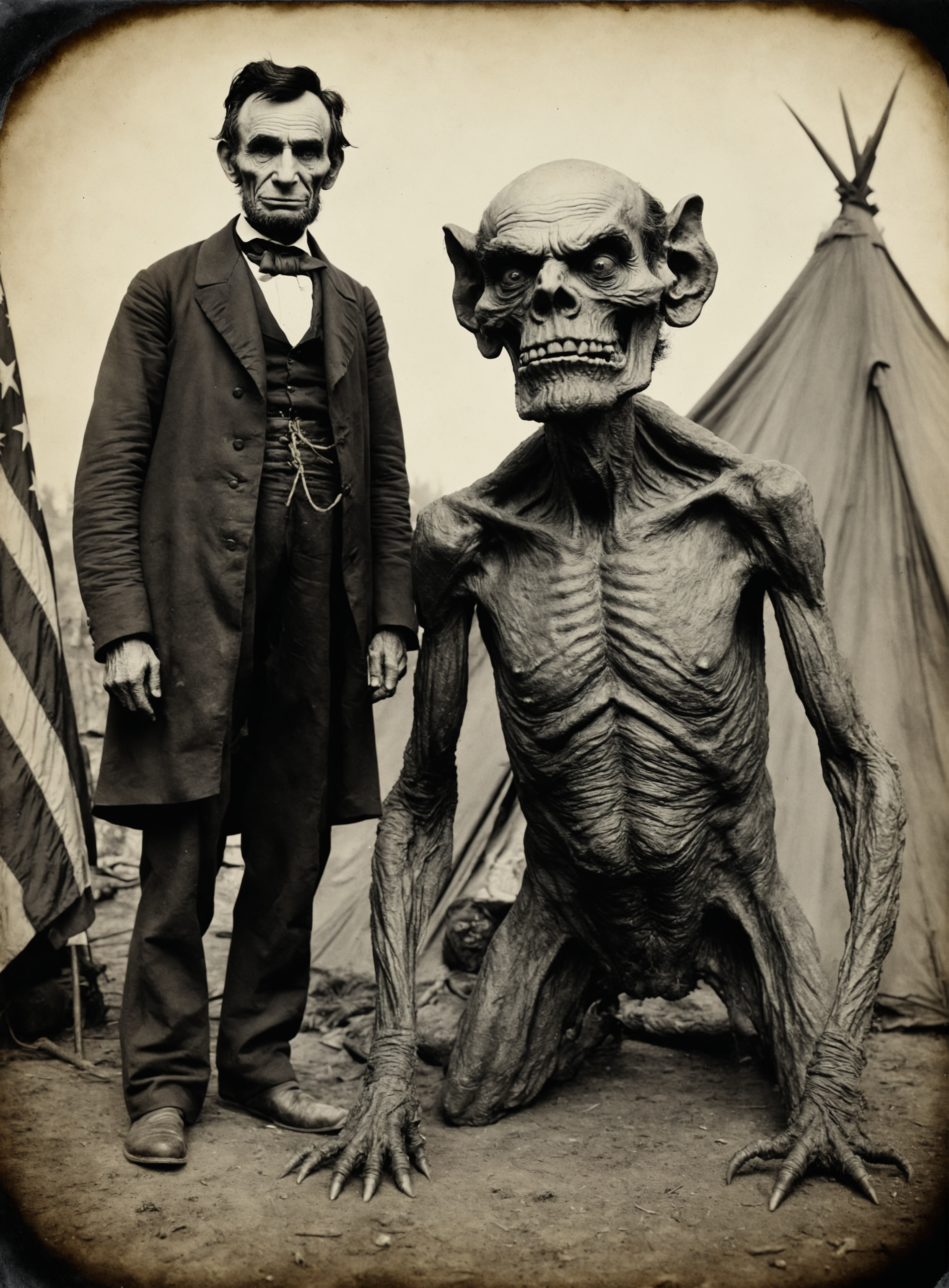 daguerreotype photo of a horrifyingly grotesque disgusting monster creature standing next to abraham lincoln in a US civil war camp, masterpiece,