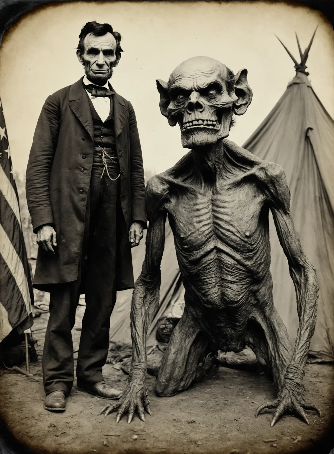 daguerreotype photo of a horrifyingly grotesque disgusting monster creature standing next to abraham lincoln in a US civil war camp, masterpiece,