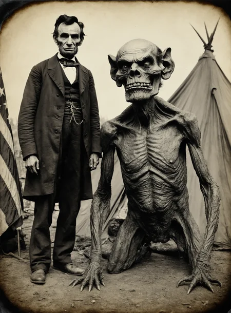 daguerreotype photo of a horrifyingly grotesque disgusting monster creature standing next to abraham lincoln in a US civil war camp, masterpiece,