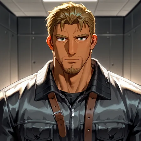 <lora:James_Links_Zone_of_the_Enders-000007:.8> James Links, Blonde hair, green eyes, dark skin, Stubble, ((upper body, belt)), 
upper body, looking at the viewer,
(very short hair, beard, bara, mature, facial hair, stubble, beard, full beard, sideburn, beard, a lot of beard, ), facial hair,male focus, muscular male, muscular male, bara, mature,  bara, mature, aixiwuganda_(20222192), very awa, masterpiece, best quality, absurdres, newest, perfect quality, detailed background, intricate details,
<lora:slider_Body Type_alpha1.0_rank4_noxattn_last:3><lora:Anime Summer Days 2 Style SDXL_LoRA_Pony Diffusion V6 XL:.6><lora:slider_cfg_scale_boost:.7><lora:Artist6p:.55>, Artist6p, Artist04p,<lora:slider_il_brightness_slider_d1:-1><lora:slider_il_contrast_slider_d1:-1><lora:slider_DarkSlider1.2_alpha1.0_rank16_full_300steps:-.6>