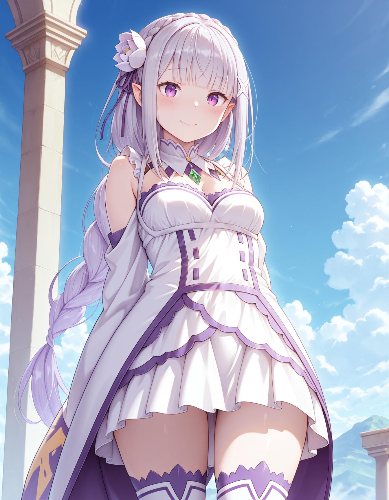 <lora:Emilia Illu:1>1girl, solo,
em1lia, pointy ears, purple eyes, grey hair, blunt bangs, long braid
emili4default, white dress, hair flower, x hair ornament, purple hair ribbon, crown braid, bare shoulders, detached sleeves, wide sleeves, frills, detached collar, green gem, white thigh boots, 
standing, looking looking at viewer, arms behind back, smile, blush, thighs, 
outdoors, blue sky, clouds, 
 <lora:cfg_scale_boost:1>, masterpiece, best quality, amazing quality, masterpiece, best quality, amazing quality