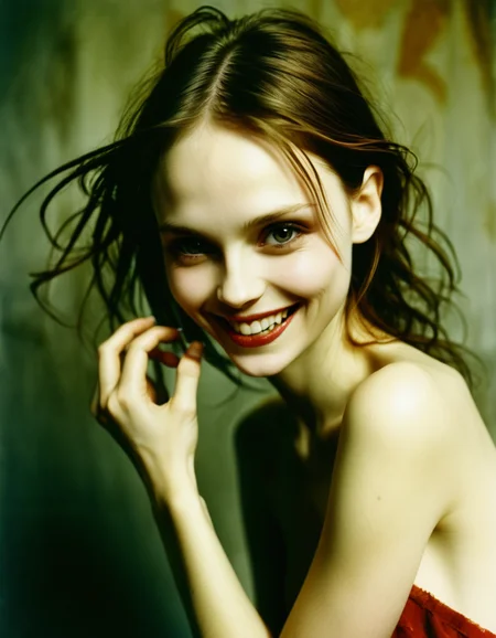a radiant film still by dave mckean of a fashion model looking like jaynexl4 with a disrespectful smile