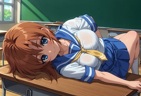 score_9, score_8_up, score_7_up, anime screencap, classroom, source_anime, beautiful girl, 8k, detailed, best quality, masterpiece,1girl, solo, rena ryuuguu, orange hair, bob cut, short hair, blue eyes, medium breasts, thick thighs, height 143 cm,Serafuku, yellow neckerchief, school uniform, blue plastered skirt, short sleeves, white shirt, breasts , blush, lying, on table, smile, kawaii,cute, perfect anatomy, white socks