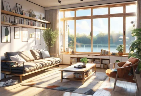 anime-style, modern-style interior, with white walls and large windows, Nordic-style furniture, a  study, Sofa, coffee table, bookcase, single wall, 
warm light morning sun, the view of the city