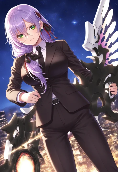 best quality,
source_anime, highres, total body (best quality), finely detail, night sky 1girl, izmyk, long hair, purple hair, (hair down:1.2), bangs, hair between eyes, green eyes, large breasts, hair over shoulder, low ponytail, hair ribbon, hair ornament black suit, black jacket, white shirt, collared shirt, black necktie, round eyewear, earpiece, holding seraph, black pants, black high heels<lora:izumiyuki_IL_XL_V1:1>