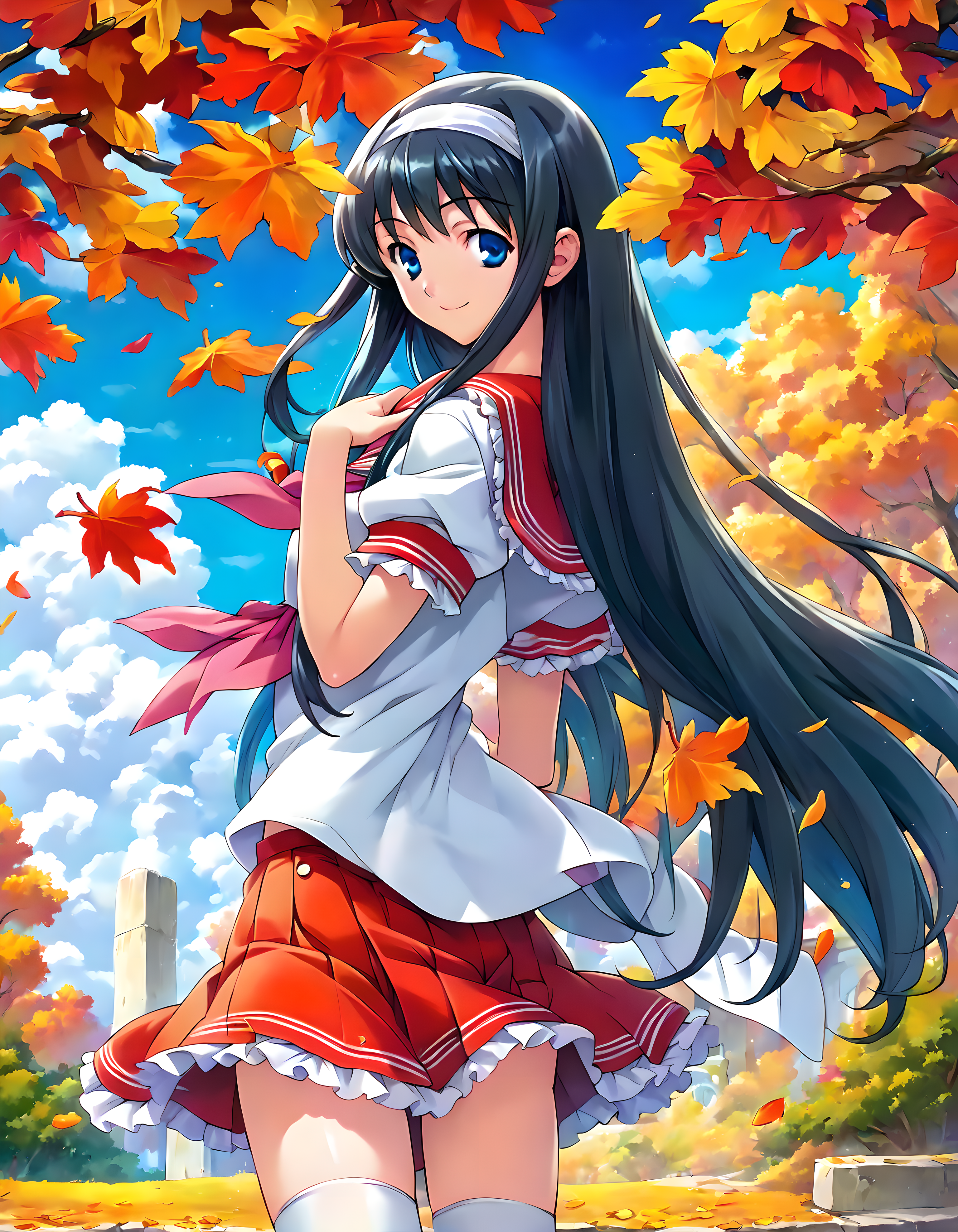 <lora:pony_xl_senna:0.9>,senna,score_9,score_8_up,score_7_up,source_anime,best quality,masterpiece,super fine illustration,1girl,solo,school uniform,serafuku,white shirt,short sleeves,neckerchief,frills,red skirt,pleated skirt,white thighhighs,smile,lonely,looking at viewer,hair_flaps,nature,in autumn,sky,the blue sky,looking_back,cowboy_shot,lens_flare,bokeh,standing,hands_on_own_chest,