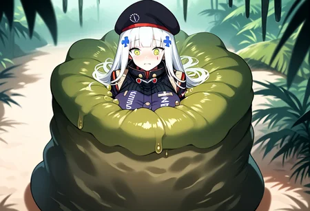 NSFW, looking down, masterpiece, best quality, amazing quality, very aesthetic, score_9,score_8_up, score_7_up, score_6_up, BREAK, official art, solo, outdoors, upper body, (portrait:1.5), looking at viewer, facing viewer, blush, hk416 (girls' frontline), hat,beret, black headwear, very long hair, white hair, x hair ornament, sidelocks, blunt bangs, green eyes, facial mark, teardrop, military jacket, purple jacket, clothes writing, uniform, white gloves, long sleeves, black sleeve, german flag, large breasts, skindentation, <lora:HK416(gf)-Pony:1.3>, (score_9, score_8_up, score_7_up, score_6_up, score_5_up, score_4_up), source_anime,<lora:vore_lower_body-2:1>, slime creature, restrained, vore, Like like, monster, <lora:Like like illus:1>, arms out, arms down, Creature massaging her, (jungle:1.2), (blushing), looking down, palmtree blurry background depth of field, (from above:1.3),