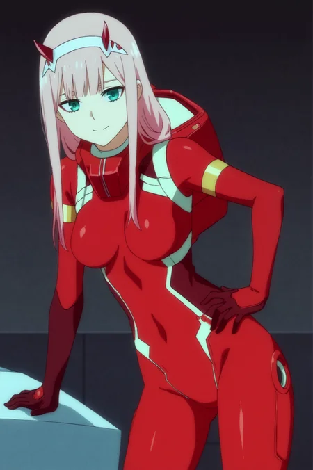 <lora:Zero_Two:0.7>,  Zero Two, 1girl, solo, breasts, looking_at_viewer, smile, closed_mouth, standing, horns, hand_on_own_hip, bodysuit, skin_tight, science_fiction, white_hairband, red pilot suit, red_bodysuit, cockpit <lora:sdxl_lightning_4step_lora:1>