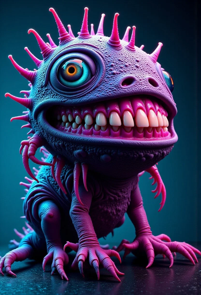 Professional photo of a weird creature with human teeth, neon light, lab context, lab experiment, frankenstein