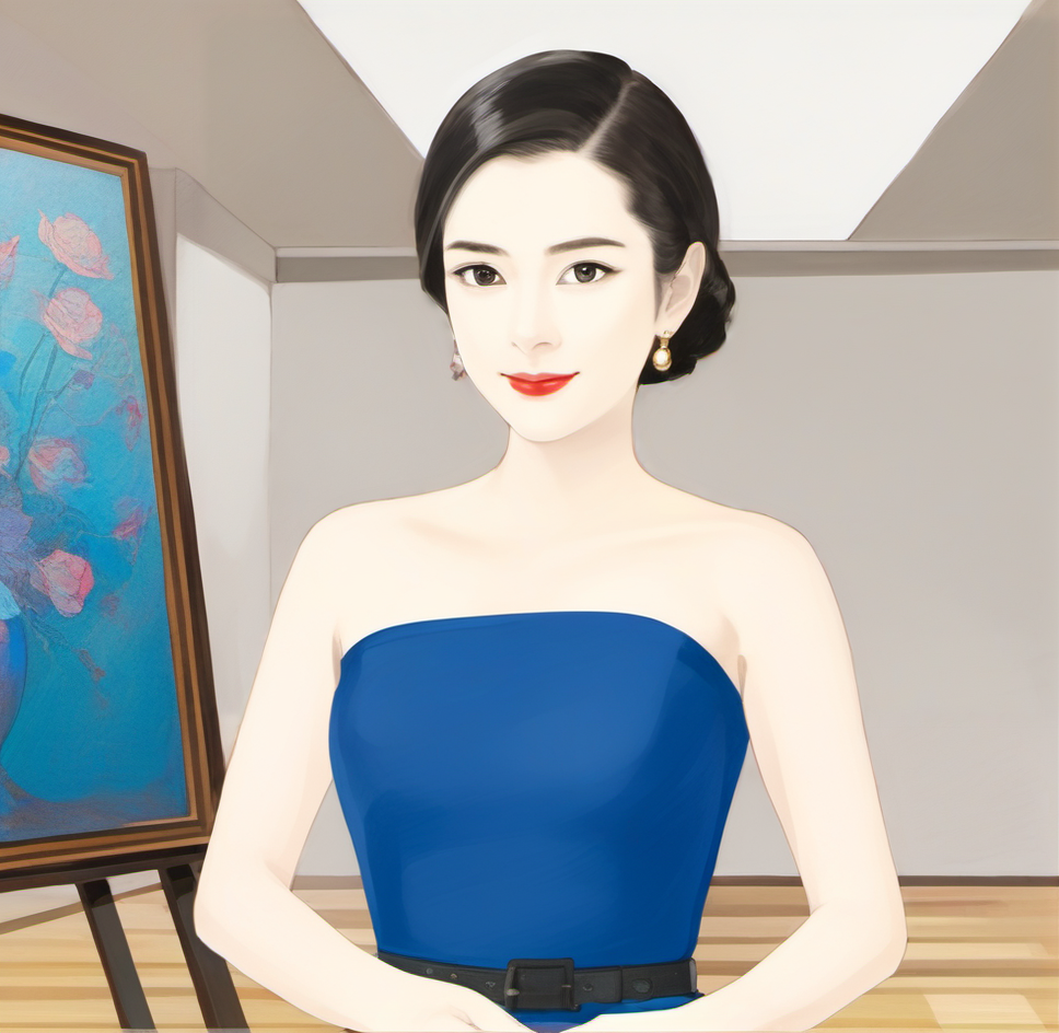 The image shows a woman in a blue dress standing in front of a painting on a board, with a wall in the background. The painting is a digital painting of a woman, with vibrant colors and intricate details that bring the painting to life. <lora:å°è¯´ç«ç»-000009:0.8>,