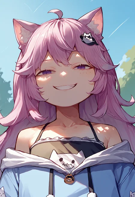 score_9, score_8_up, score_7_up, source_anime, 1girl, NyannersBase, long hair, cat ears, cat tail, hoodie, long sleeves, camisole, cat print, <lora:ChamNyatashaNyannersPonyXL:1> <lora:AnyasHehFaceMeme_XLPD:1> IncrsAnyasHehFaceMeme, grin, upper body, outdoors, looking at viewer, from below,