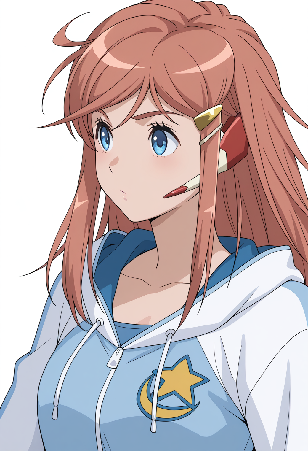 masterpiece, best quality, very aesthetic, absurdres, 1girl, solo, 
<lora:kato_marika_v01:1>, kato_marika, marika_sailboat, brown hair, long hair, blue eyes, hairclip,
headset, blue hoodie, star \(symbol\), blue shirt, upper body