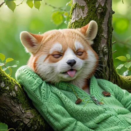 (side view:1.9), an adorable lesser_panda,(wearing green sweater), (coma:1.7),(lying lean back:1.9),(arms behind head:1.9), green grape over head, full body, on a birch tree trunk, closed eyes, against a soft-focus green background, masterpiece, best quality, highres,,cinematic still piercing light, (aesthetic:1.1), (dim colors:1.2),(closed eyes:1.9), (open mouth:1.7), (tongue out), head tilt, relax,AR71B