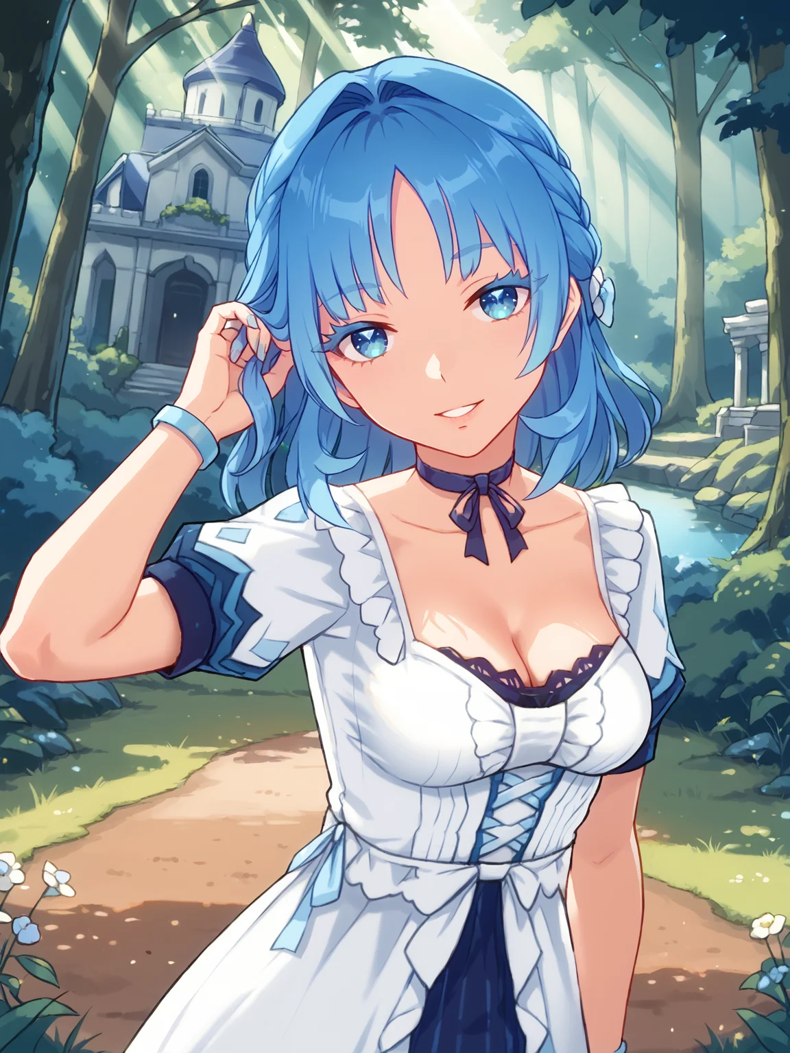 score_9, score_8_up, score_7_up, source_anime, BREAK
(detailed face, detailed eyes, portrait, closeup:1.5), (beautiful forest garden, grass, dirt path, european architecture, mansion, perfect lighting, god rays, bloom:1.5),  outdoors, daytime, demure smile, (head tilt:1.5), (looking at viewer:1.5), waterfall, river,  teeth, pov, parted lips, (adjusting hair:1.5), (perspective, dutch angle:1.3), BREAK
<lora:Genshin_NPC_MaryAnn_Pony_v1:0.8>, (long eyelashes, thick eyelashes:1.5), 1girl, solo, shiny hair, blue hair, shiny blue eyes, blue nails, nail polish, toenail polish, bow, ribbon, jewelry, collarbone, cleavage, choker, medium hair, puffy white sleeves, short sleeves, white dress, (frills, lace:1.5), french braid, bracelet, hair intakes, medium breasts, lips,