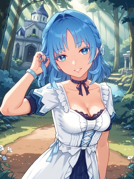 score_9, score_8_up, score_7_up, source_anime, BREAK
(detailed face, detailed eyes, portrait, closeup:1.5), (beautiful forest garden, grass, dirt path, european architecture, mansion, perfect lighting, god rays, bloom:1.5), outdoors, daytime, demure smile, (head tilt:1.5), (looking at viewer:1.5), waterfall, river, teeth, pov, parted lips, (adjusting hair:1.5), (perspective, dutch angle:1.3), BREAK
<lora:Genshin_NPC_MaryAnn_Pony_v1:0.8>, (long eyelashes, thick eyelashes:1.5), 1girl, solo, shiny hair, blue hair, shiny blue eyes, blue nails, nail polish, toenail polish, bow, ribbon, jewelry, collarbone, cleavage, choker, medium hair, puffy white sleeves, short sleeves, white dress, (frills, lace:1.5), french braid, bracelet, hair intakes, medium breasts, lips,